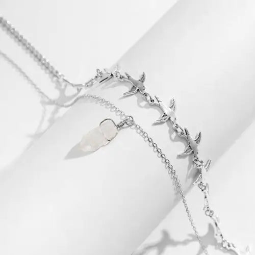 Trendy Silver Bird Necklace with Irregular Gemstone Double-Layer Design 