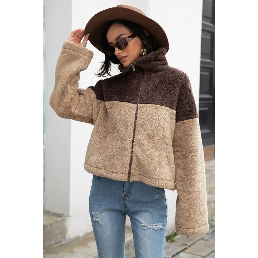 Two-Tone Collared Neck Fuzzy Jacket