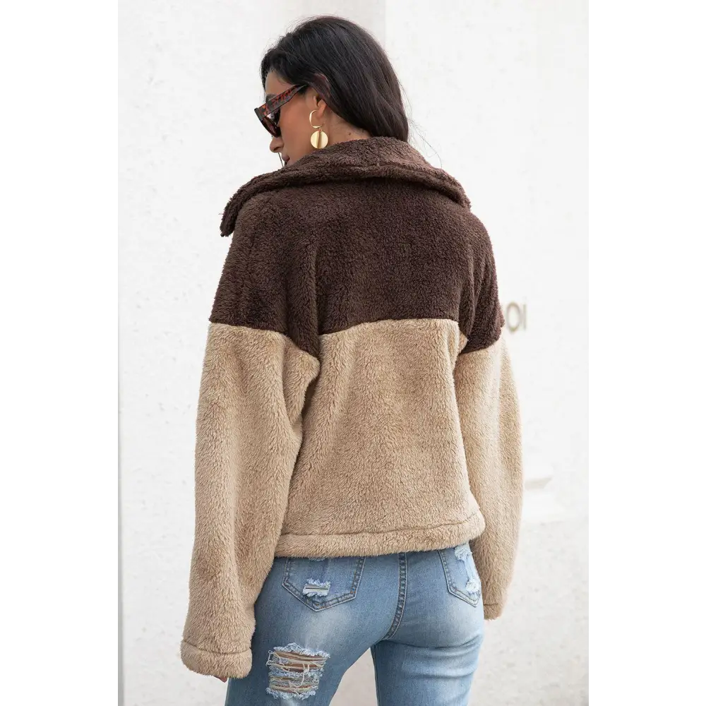 Two-Tone Collared Neck Fuzzy Jacket