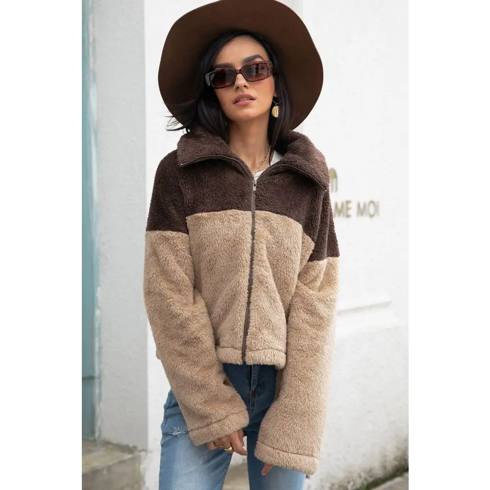 Two-Tone Collared Neck Fuzzy Jacket