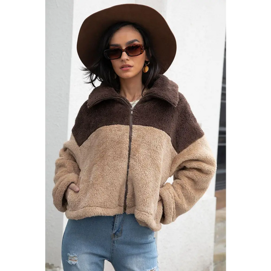 Two-Tone Collared Neck Fuzzy Jacket - CM Fashion