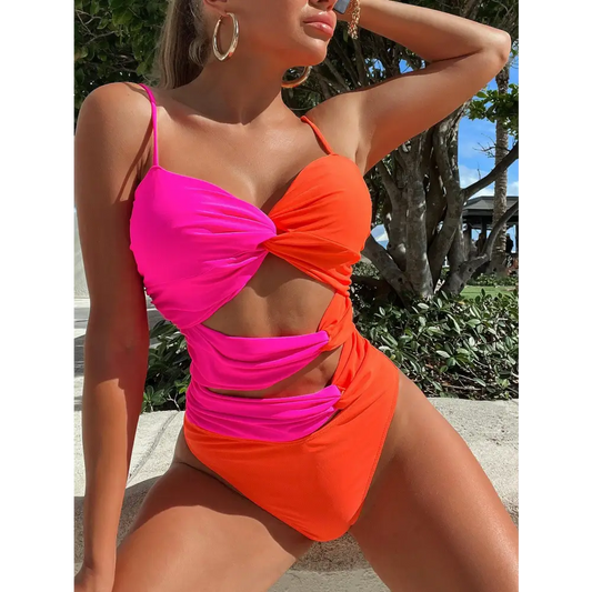 Two-Tone Twisted Cutout One-Piece Swimsuit - CM Fashion