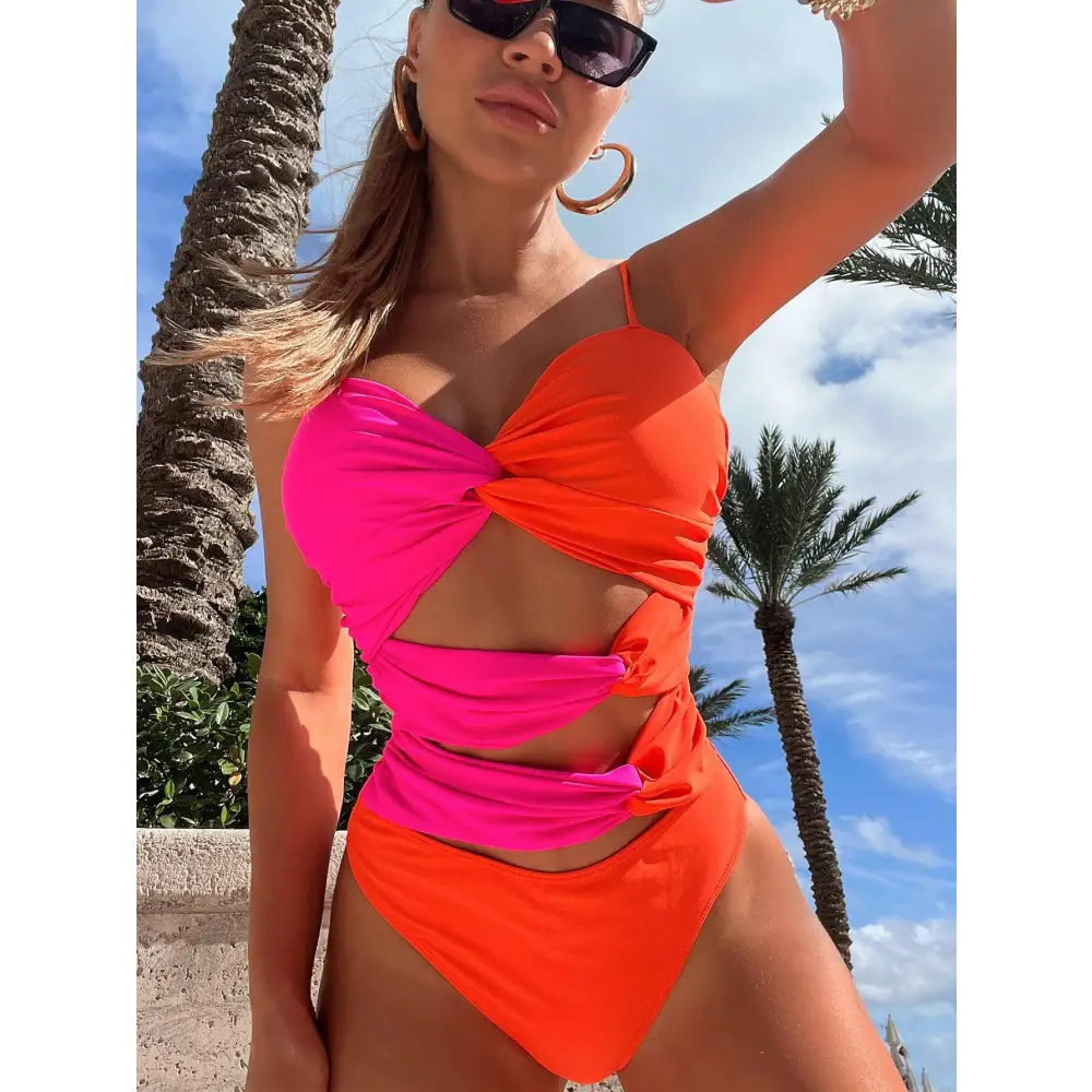 Sizzling Two-Tone Twisted Cutout One-Piece Swimsuit