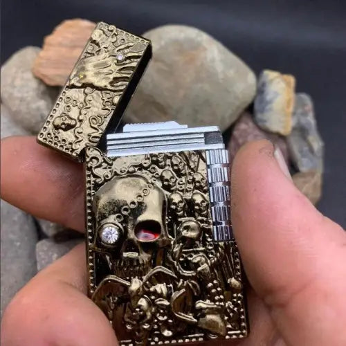 Unleash Your Edge with the Unique Design Ornate Skull Open Flame Lighter