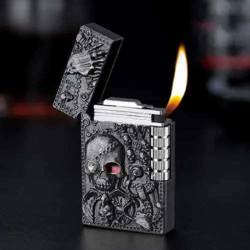 Unleash Your Edge with the Unique Design Ornate Skull Open Flame Lighter