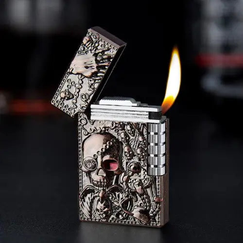 Unleash Your Edge with the Unique Design Ornate Skull Open Flame Lighter