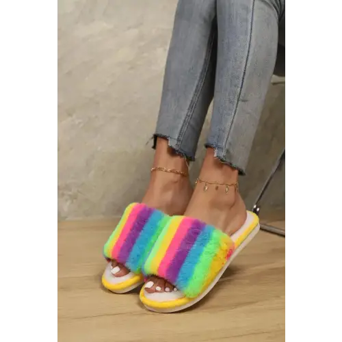 Color Block Open Toe Faux Fur PVC Slippers - CM Fashion