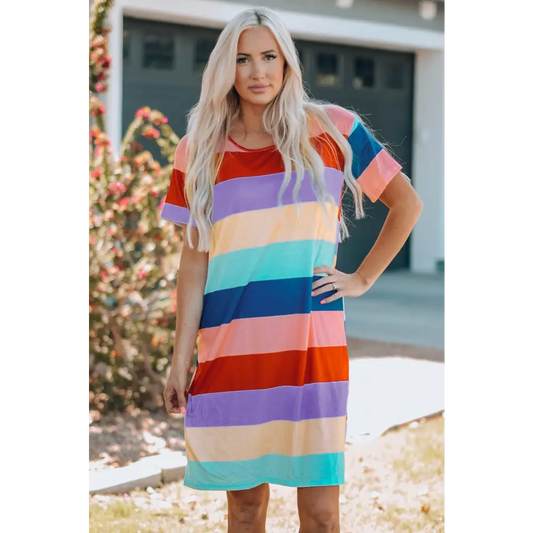 Vibrant Color Block Side Slit Mini Dress for Effortless Style 