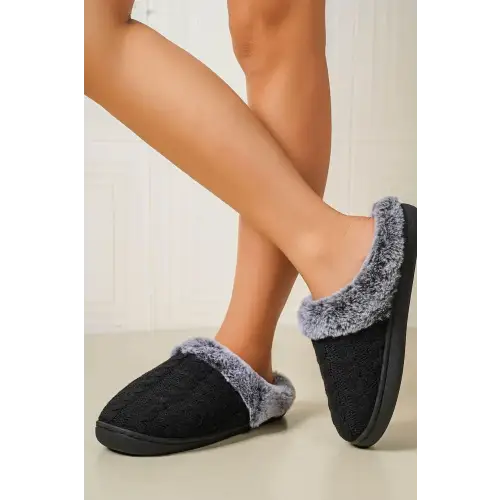 Cable Knit Fluff Round Toe Slippers