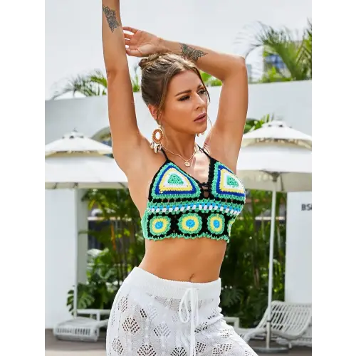 Vibrant Geometric Halter Neck Swim Top