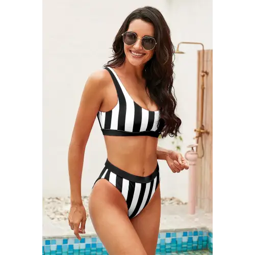 Striped Tank High Waist Bikini - CM Fashion