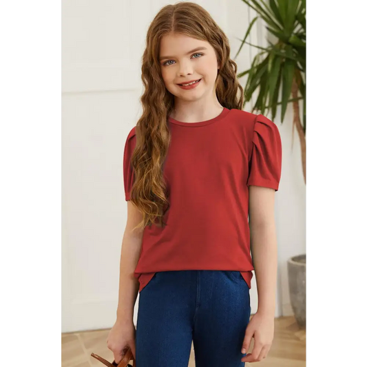 Vibrant Red Round Neck Puff Sleeve T-Shirt for Girls Deep Red / 2XL