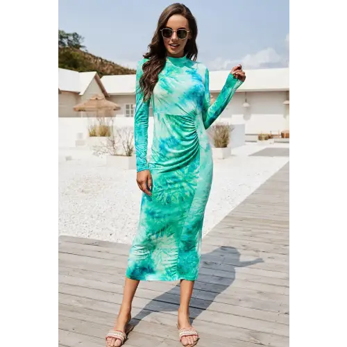 Tie Dye Mock Neck Long Sleeve Dress - CM Fashion