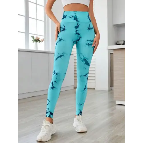 Printed High Waist Active Leggings - Turquoise / S - CynthiaMonica CM