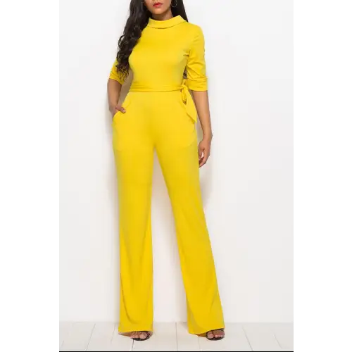 Mock Neck Tie-Waist Half Sleeve Jumpsuit - CM Fashion