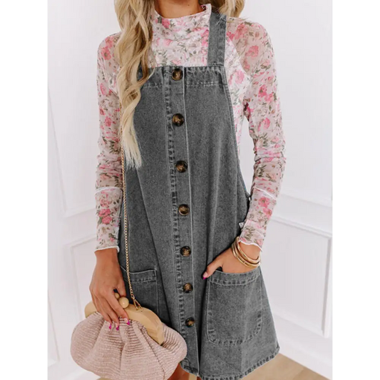 Wide Strap Button Down Denim Overall Dress - CM Fashion