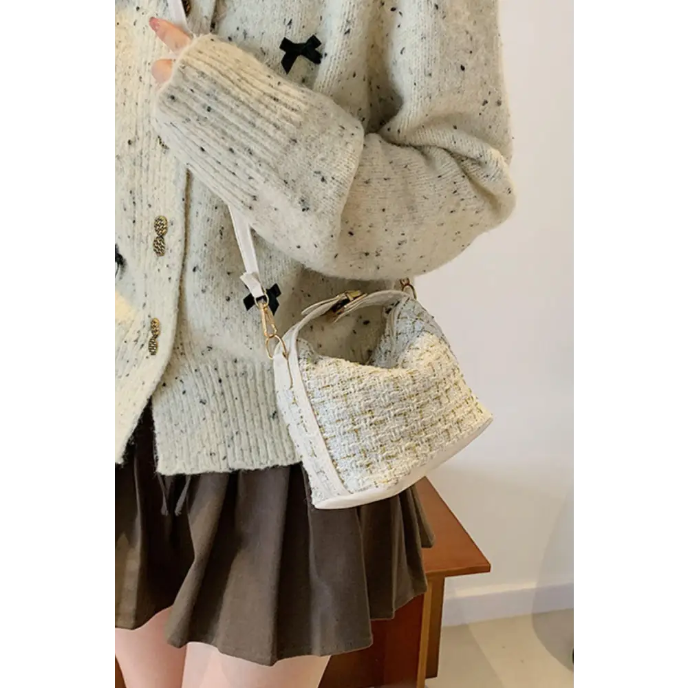 Elegant Tweed Woven Removable Strap Shoulder Bag in Cream