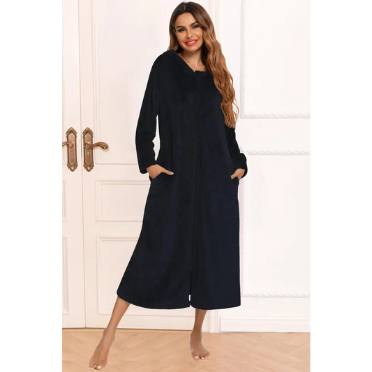 Zip Front Hooded Night Dress with Pockets - CM Fashion